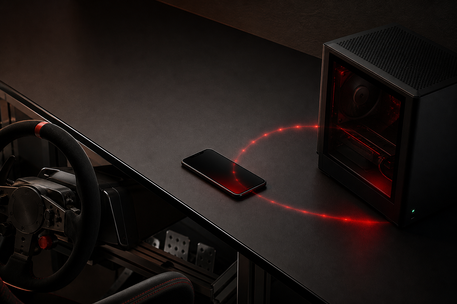 A sim-racing cockpit, phone, and PC connected on the same private network